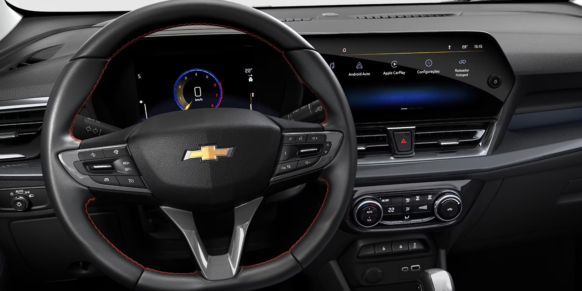 Painel digital e volante do Chevrolet Spin 2026, destacando conectividade via Wi-Fi, USB-C e tela MyLink de 11 polegadas